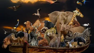 photo collage of animals in a boat resembling Noah's Ark